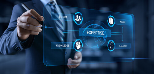 Expertise business consulting concept. Businessman pressing button on screen.