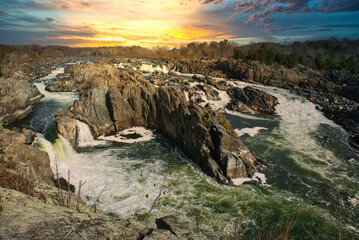 Potomac River waterfalls panorama in Great Falls state park in Virginia, USA. Great Falls state...