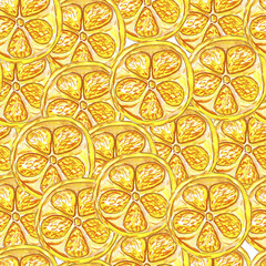 Bright raster pattern with slices of citrus fruit. Colored watercolor orange. Seamless tracery.