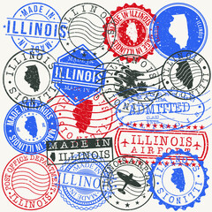 Illinois, USA Set of Stamps. Travel Passport Stamps. Made In Product. Design Seals in Old Style Insignia. Icon Clip Art Vector Collection.