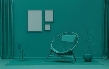 Gallery wall with three frames, in monochrome flat single dark green color room with furnitures and plants,  3d Rendering