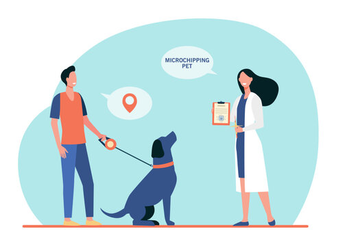 Dog owner man and veterinarian woman with chip syringe and microchipping certificate. Safety animal chip flat vector illustration. Microchipping pet concept for website design or landing web page