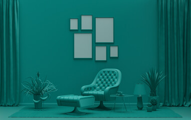 Wall mockup with six frames in solid flat  pastel dark green color, monochrome interior modern living room with furnitures and plants, 3d rendering