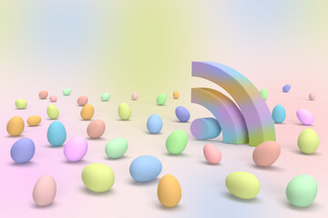 Colorful wi-fi sign on happy Easter eggs intrent background.