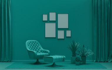 Wall mockup with six frames in solid flat  pastel dark green color, monochrome interior modern living room with single chair and plants, 3d rendering