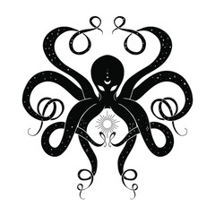 Occult illustration of black octopus. Hand drawn poster with mystical octopus. Boho styled tattoo design with sun and stars. 