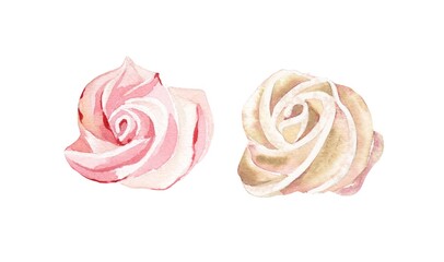 watercolor illustration. Pink and beige marshmallows on white background