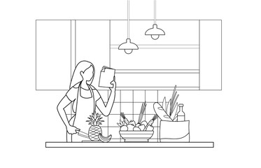 Line art drawing of woman  cooking in the kitchen. Cute lady chopping vegetables and fruits. A girl holding a Knife. Kitchenware, crockery, kitchen and home.