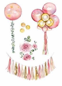 watercolor illustration. Balloons pink and gold, with a paper garland tassel,  roses, gold sparkles, confetti, a large pink balloon with greenery. design  for birthday, baby shower, party, wedding Stock Illustration