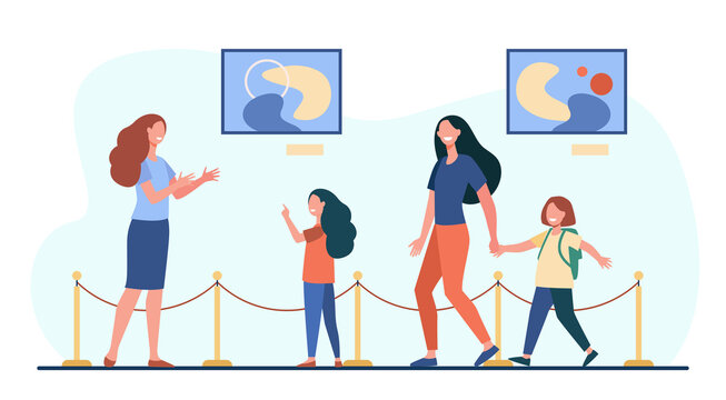 Mother and kids family visitors on excursion in art gallery with guide woman. Contemporary art flat vector illustration. Artworks exhibition concept for banner, website design or landing web page
