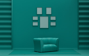 Mock-up poster gallery wall with six frames in solid pastel dark green room with single chair, without plant, 3d Rendering