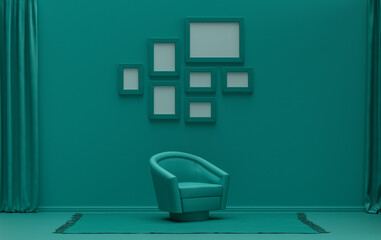 Mock-up poster gallery wall with 7 frames in solid pastel dark green room with single chair, without plant, 3d Rendering