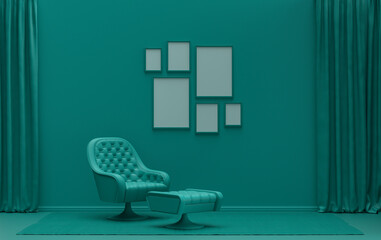 Wall mockup with six frames in solid flat  pastel dark green color, monochrome interior modern living room with single chair, without plant, 3d rendering