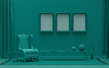 Gallery wall with three frames, in monochrome flat single dark green color room with furnitures and plants,  3d Rendering