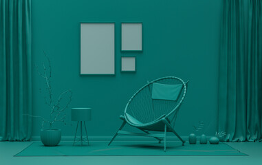 Gallery wall with three frames, in monochrome flat single dark green color room with furnitures and plants,  3d Rendering