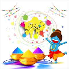 Vector illustration of Happy Holi greeting, written Hindi text means It's Holi Festival of Colors, festival elements with colorful background 