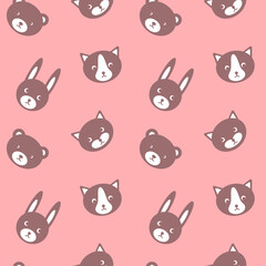 Simple girlish print with cute animals. Childish seamless pattern on pink background. Vector illustration.