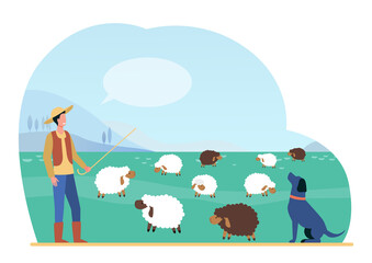 Shepherd man with stick and dog grazing sheep on summer field. Lambs animals on pasture flat vector illustration. Livestock farming concept for banner, website design or landing web page