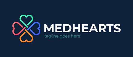 Heart care vector logo. Cross medical with heart shape outline illustration for logo template design.