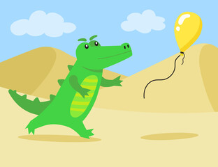 Crocodile catching flying balloon. Cute green alligator cartoon character. Flat vector illustration. Reptile animal mascot, childhood fun concept