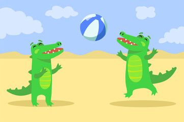 Tourists crocodiles playing with beach ball on vacation. Cute green alligator cartoon characters. Flat vector illustration. Reptile animal mascot, summer holiday, sport game concept