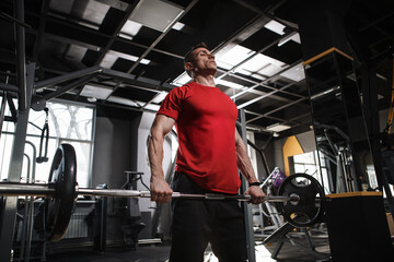 Fototapeta na wymiar Low angle shot of a mature athletic man lifting heavy barbell at the gym