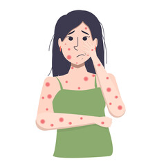 Vector illustration of a young Asian woman with itchy, blistered skin. The symptom of measles or chickenpox acne.