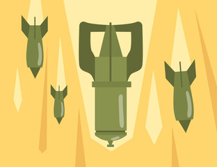 Retro bombs falling down. Explosive bomb dropping air strike attack. Flat vector illustration. War, military weapon, bombing concept