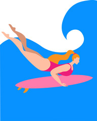 A girl with a surfboard dives under a wave. Isolated vector illustration in a flat style.