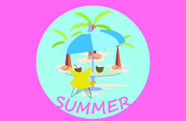 vector summer illustration (summer holidays, palms, sun umbrella, beach)