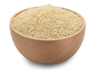 rice in wooden bowl isolated on white