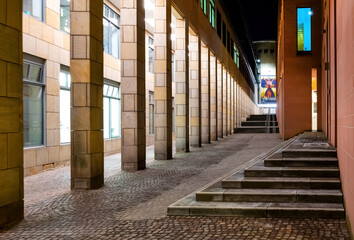 Fototapeta na wymiar Modern passage with columns near Römerberg in Frankfurt am Main