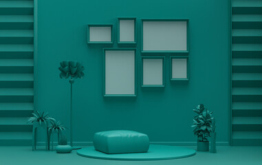 Poster frame background room in flat dark green color with 6 frames on the wall, solid monochrome background for gallery wall mockup, 3d rendering