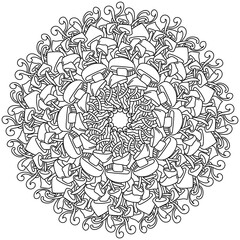 Contour mandala of various mushrooms, meditative coloring page with natural elements