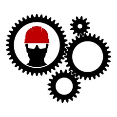 Pictogram with a gear mechanism and a worker in a helmet. Cogwheel icon. Vector illustration.