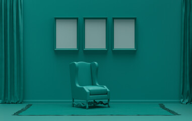 Gallery wall with three frames, in monochrome flat single dark green color room with single chair, without plant,  3d Rendering