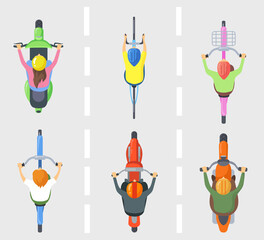 Top view of people on bicycles or bikes flat pictures set for web design. Above view of cartoon characters riding motorcycles isolated vector illustrations. Transportation and vehicles concept