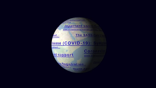The globe with the links of imaginary no-existing websites for coronavirus covid-19 rotate on a dark background, close up.