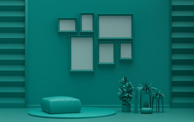 Poster frame background room in flat dark green color with 6 frames on the wall, solid monochrome background for gallery wall mockup, 3d rendering