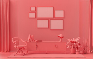 Wall mockup with six frames in solid flat  pastel light pink, pinkish orange color, monochrome interior modern living room with furnitures and plants, 3d rendering