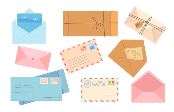 Stylish collection of different envelopes flat pictures for web design. Cartoon envelopes with mail, letters, stamps and handmade cards isolated vector illustrations. Post and mail service concept