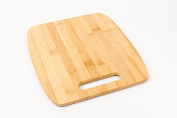 Top view high quality wood cutting board, brown wood. Chopping boards made from natural bamboo. Isolated image kitchen utensil on white background.