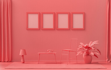 Single color monochrome light pink, pinkish orange color interior room with furnitures and plants,  4 poster frames on the wall, 3D rendering
