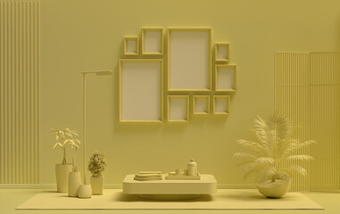 Modern interior flat light yellow color room with furnitures and plants, gallery wall template with 9 frames on the wall for poster presentation, 3d Rendering