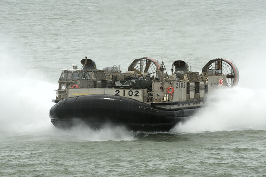 Shizuoka, Japan - July 07, 2018:Japan Maritime Self-Defense Force LCAC-1 air-cushion vehicle conduct an amphibious landing exercise.