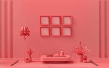 Mock-up poster gallery wall with six frames in solid pastel light pink, pinkish orange room with furnitures and plants, 3d Rendering