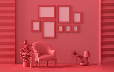 Modern interior flat dark red, maroon color room with furnitures and plants, gallery wall template with eight frames on the wall for poster presentation, 3d Rendering