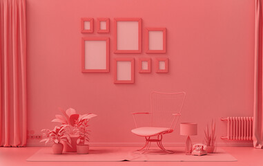 Modern interior flat light pink, pinkish orange color room with furnitures and plants, gallery wall template with eight frames on the wall for poster presentation, 3d Rendering
