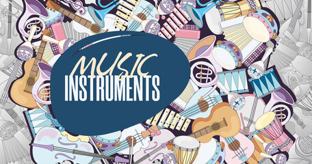 Colorful background design with musical instruments. Bundle of cartoon instruments for musician. Music and entertainment concept. Template for promotional or invitation web page