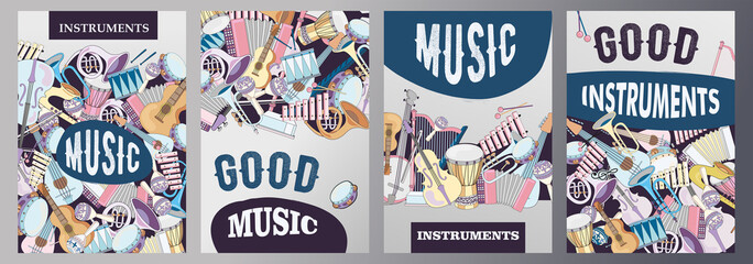 Trendy poster designs with musical instruments. Vivid brochures with different instruments on light background. Music and entertainment concept. Template for promotional leaflet or flyer